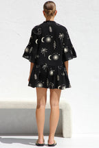 Graphic Palm Print Collar V-Neck Bell Sleeve Tiered Babydoll Mini Dress