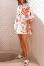 Graphic Palm Print Collar V-Neck Bell Sleeve Tiered Babydoll Mini Dress