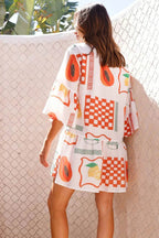 Graphic Palm Print Collar V-Neck Bell Sleeve Tiered Babydoll Mini Dress