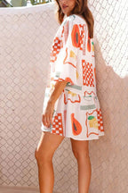 Graphic Palm Print Collar V-Neck Bell Sleeve Tiered Babydoll Mini Dress