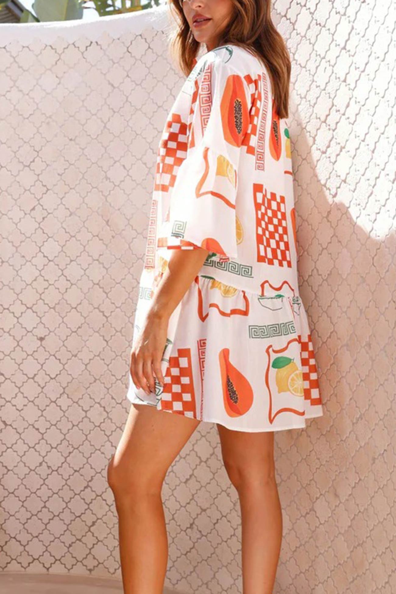 Graphic Palm Print Collar V-Neck Bell Sleeve Tiered Babydoll Mini Dress
