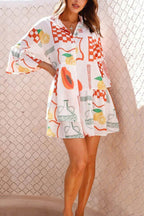 Graphic Palm Print Collar V-Neck Bell Sleeve Tiered Babydoll Mini Dress