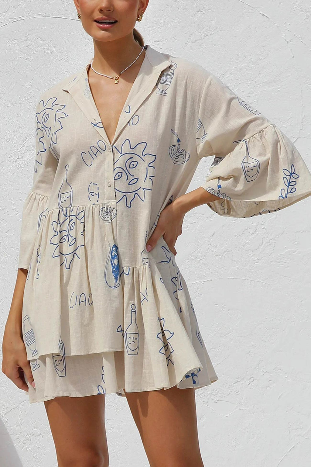 Graphic Palm Print Collar V-Neck Bell Sleeve Tiered Babydoll Mini Dress