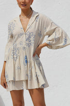Graphic Palm Print Collar V-Neck Bell Sleeve Tiered Babydoll Mini Dress