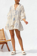 Graphic Palm Print Collar V-Neck Bell Sleeve Tiered Babydoll Mini Dress