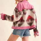 Blue Zone Planet | Printed Raw Hem Dropped Shoulder Denim Jacket