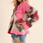 Blue Zone Planet | Printed Raw Hem Dropped Shoulder Denim Jacket
