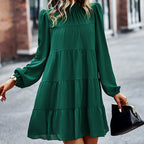 Mock Neck Bow Back Tiered Balloon Sleeve Mini Dress