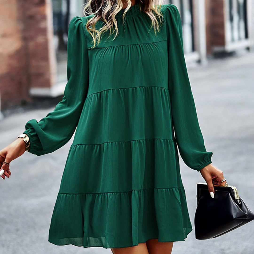 Mock Neck Bow Back Tiered Balloon Sleeve Mini Dress