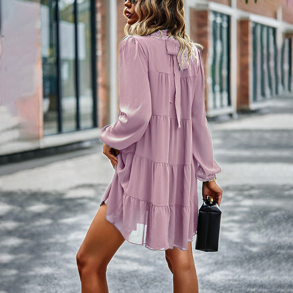 Mock Neck Bow Back Tiered Balloon Sleeve Mini Dress