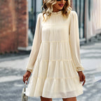 Mock Neck Bow Back Tiered Balloon Sleeve Mini Dress