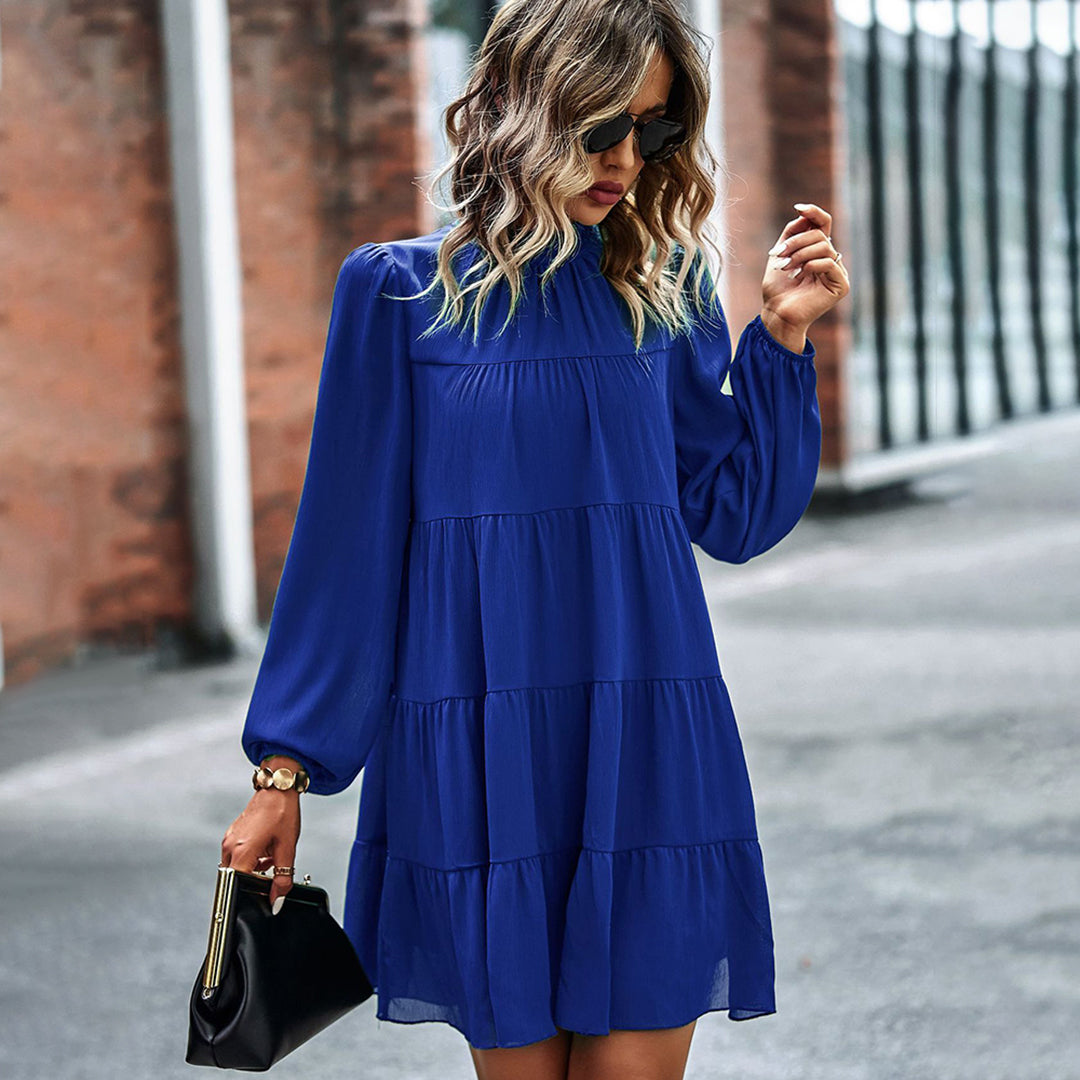 Mock Neck Bow Back Tiered Balloon Sleeve Mini Dress
