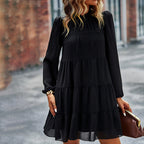 Mock Neck Bow Back Tiered Balloon Sleeve Mini Dress