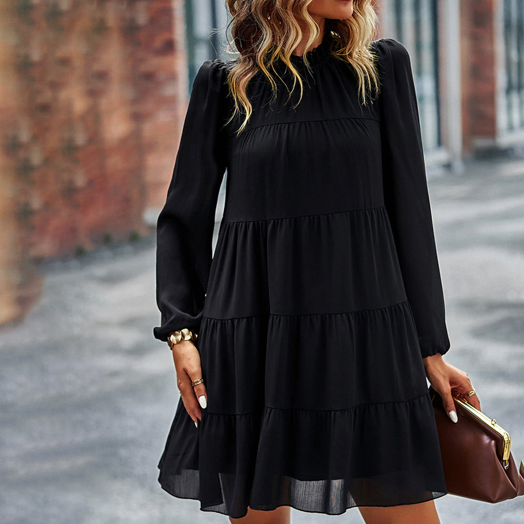 Mock Neck Bow Back Tiered Balloon Sleeve Mini Dress