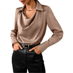 | Women's Drape Neck Long Sleeve Satin Blouse