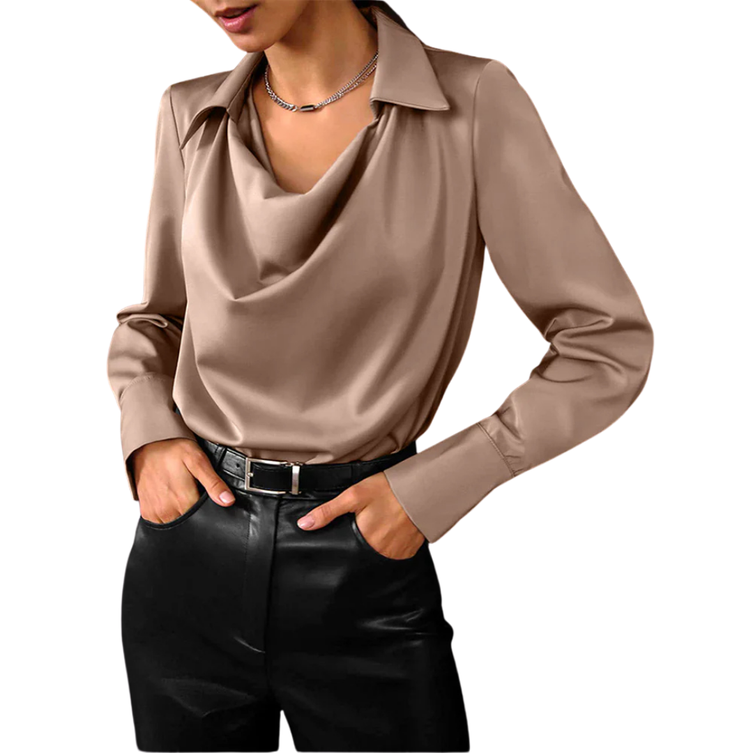 | Women's Drape Neck Long Sleeve Satin Blouse