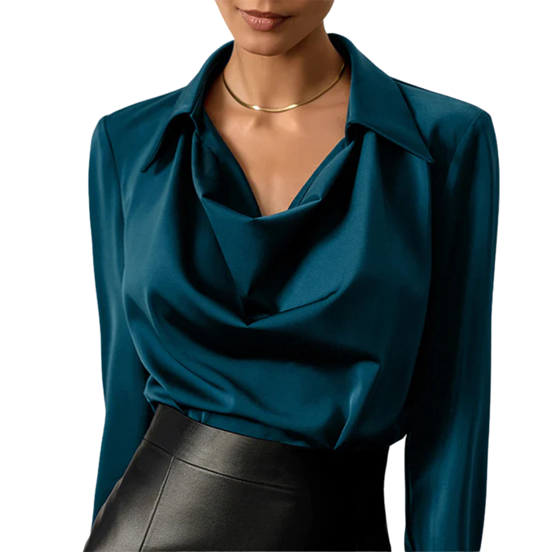 | Women's Drape Neck Long Sleeve Satin Blouse