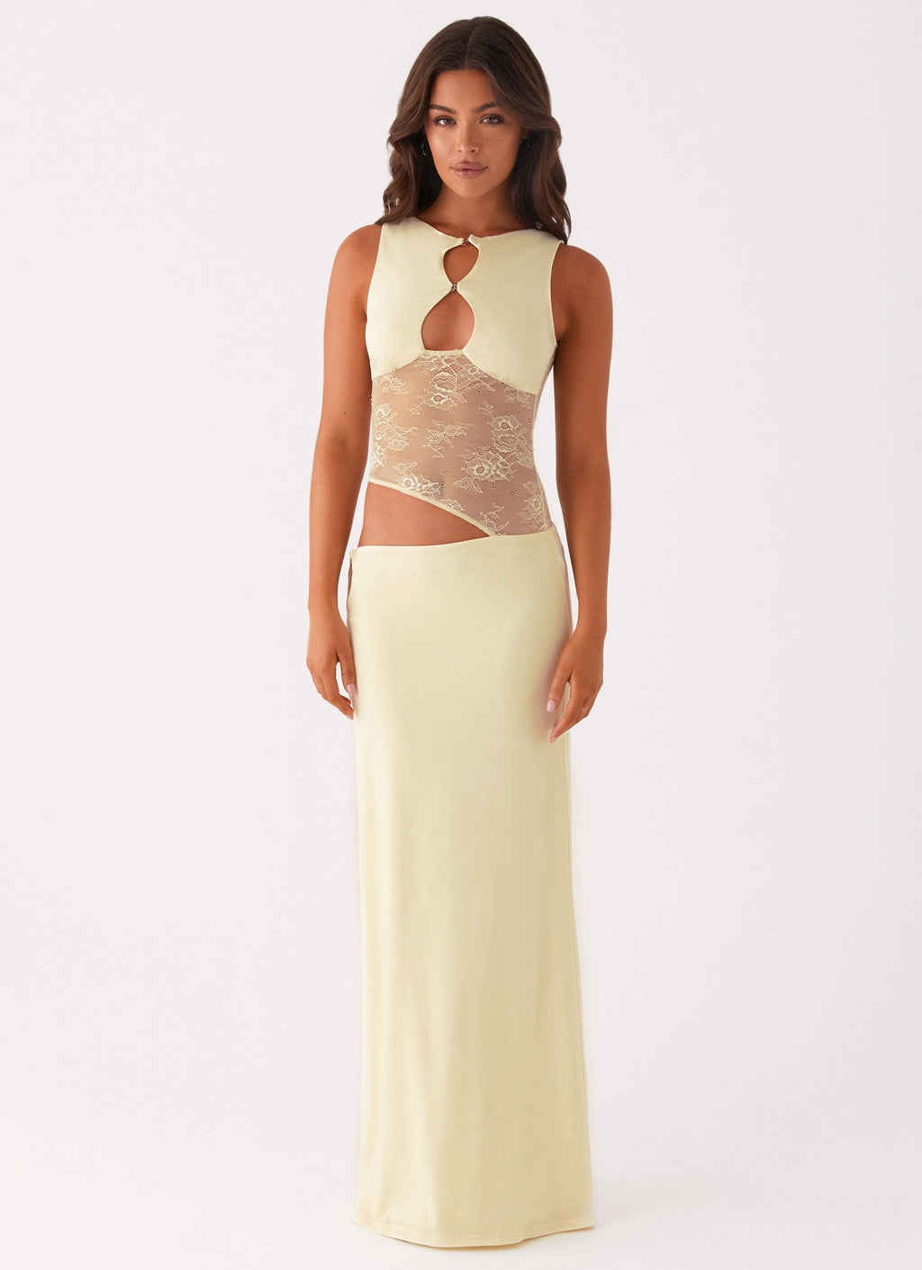 Keyhole Cut Out Lace Panel Sleeveless Bodycon Maxi Dress