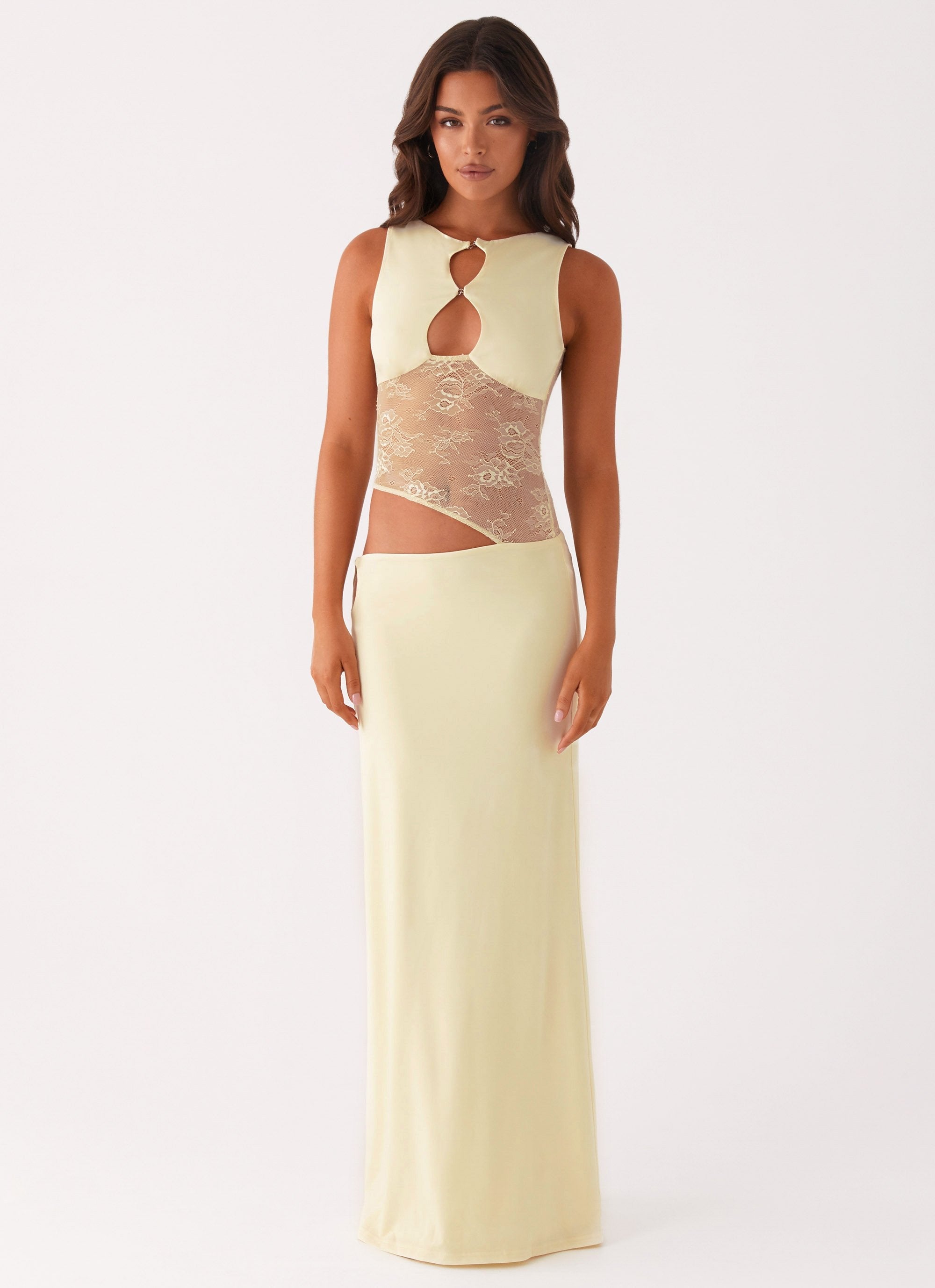 Keyhole Cut Out Lace Panel Sleeveless Bodycon Maxi Dress