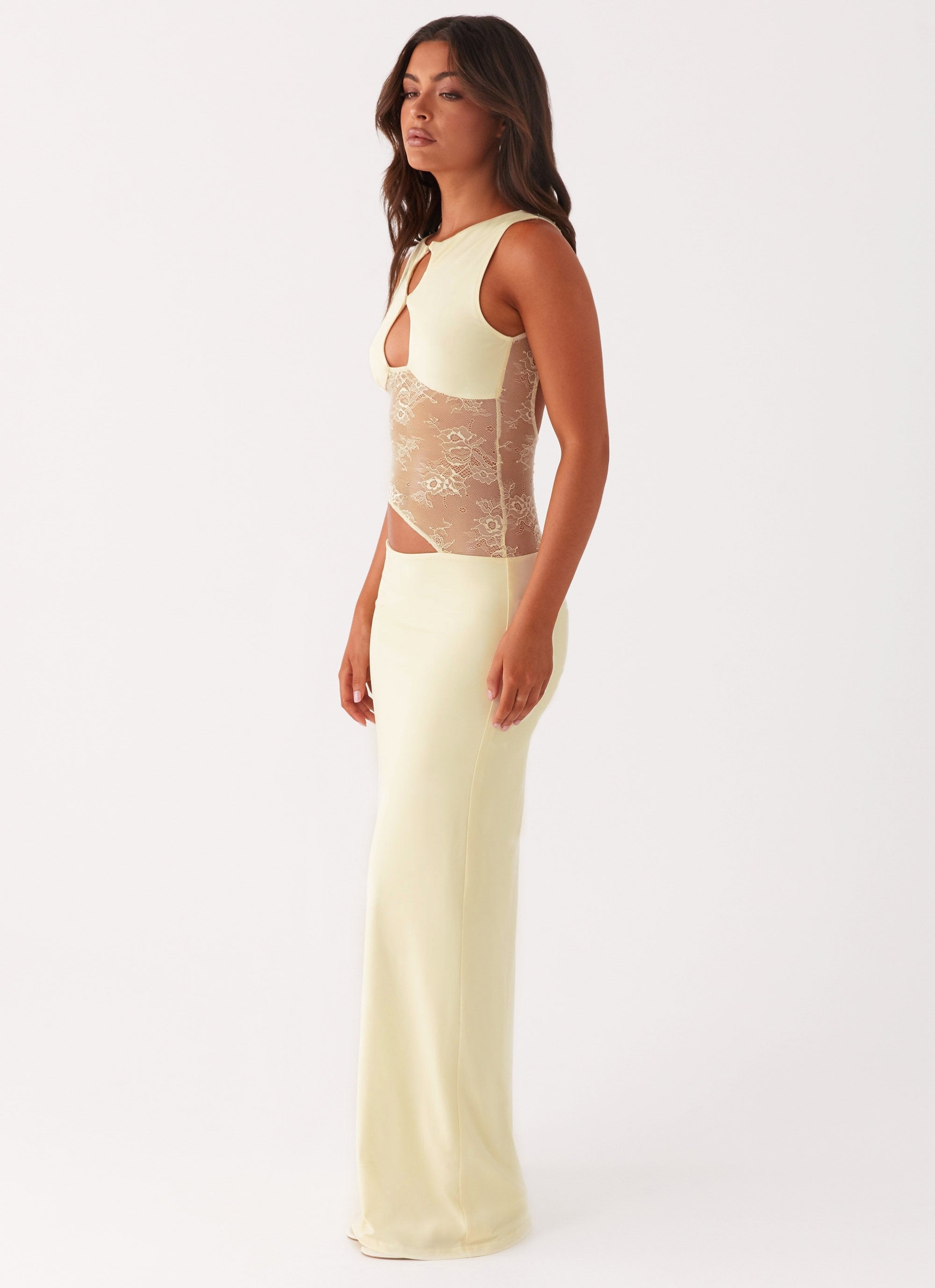 Keyhole Cut Out Lace Panel Sleeveless Bodycon Maxi Dress