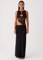Keyhole Cut Out Lace Panel Sleeveless Bodycon Maxi Dress