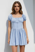 Puff Sleeve Square Neck Ruched Dress