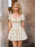 Puff Sleeve Tie Front Ruched Floral Print Dress