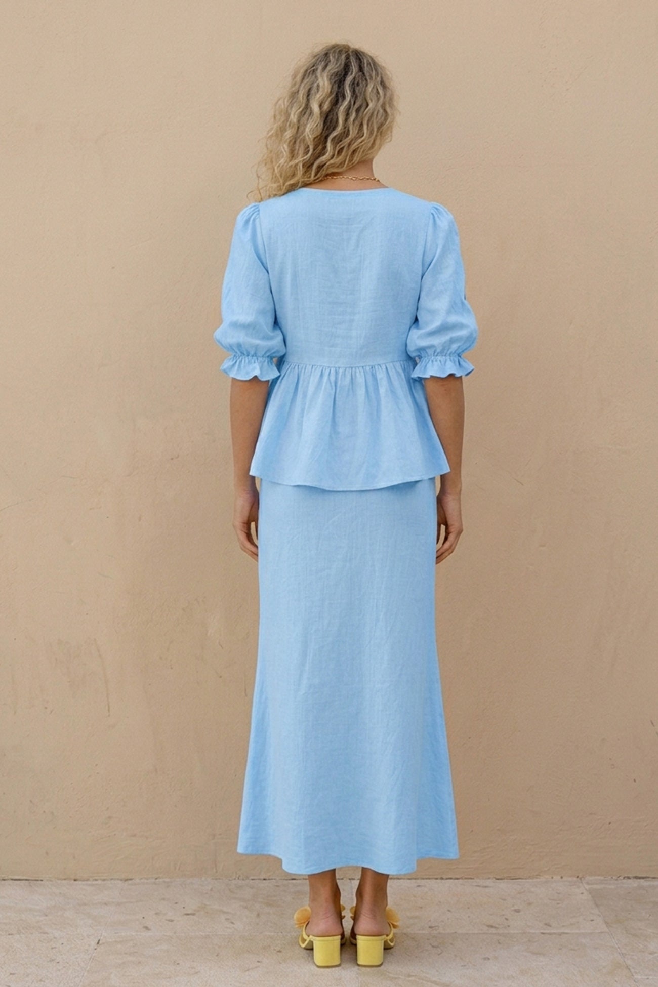 Puff Sleeve Tie-up Ruffle Cotton Shirt Skirt Set