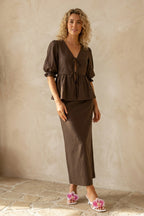 Puff Sleeve Tie-up Ruffle Cotton Shirt Skirt Set