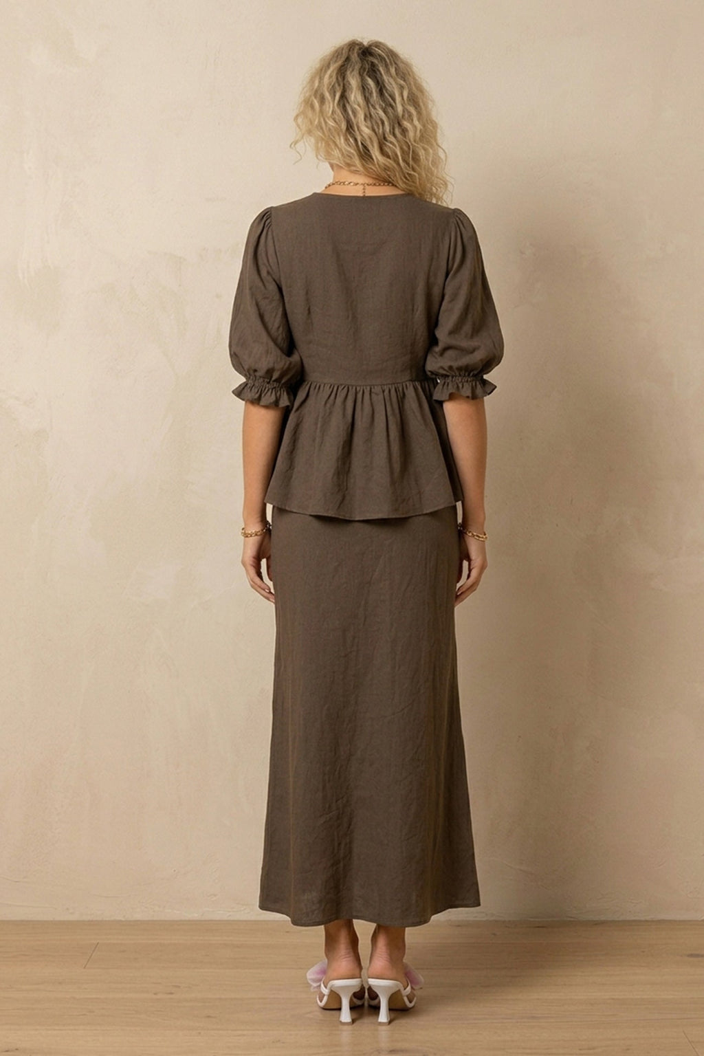 Puff Sleeve Tie-up Ruffle Cotton Shirt Skirt Set