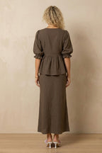 Puff Sleeve Tie-up Ruffle Cotton Shirt Skirt Set