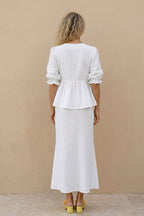 Puff Sleeve Tie-up Ruffle Cotton Shirt Skirt Set