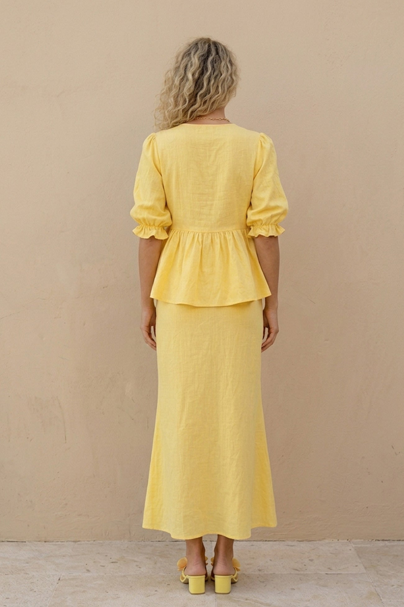 Puff Sleeve Tie-up Ruffle Cotton Shirt Skirt Set
