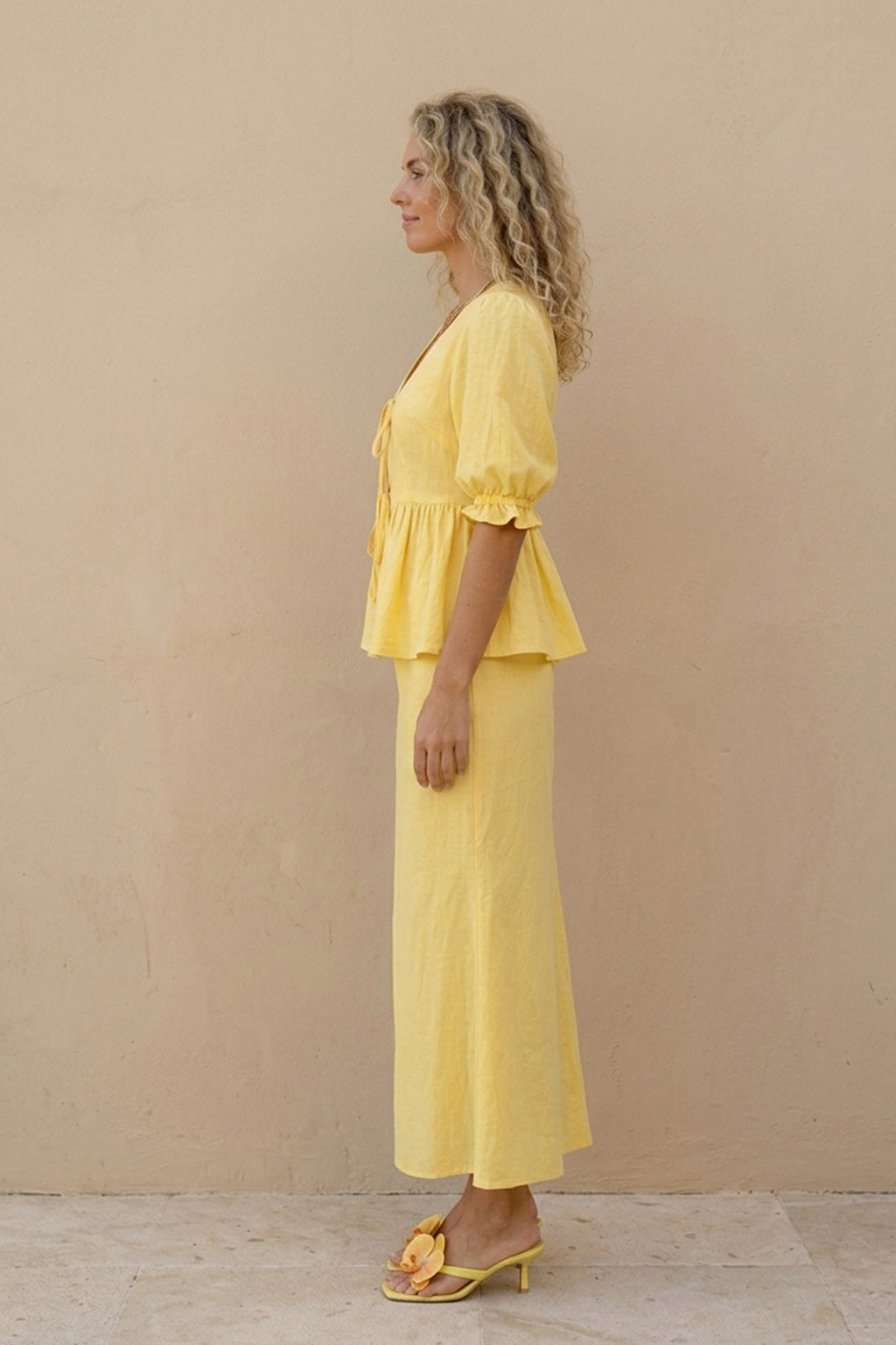 Puff Sleeve Tie-up Ruffle Cotton Shirt Skirt Set