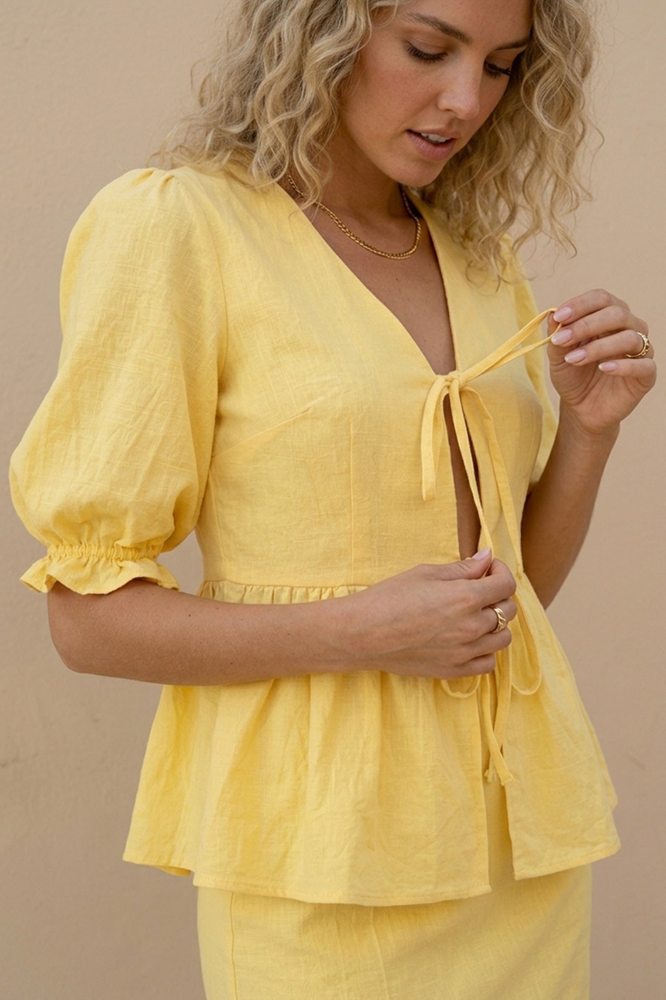 Puff Sleeve Tie-up Ruffle Cotton Shirt Skirt Set