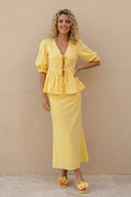 Puff Sleeve Tie-up Ruffle Cotton Shirt Skirt Set