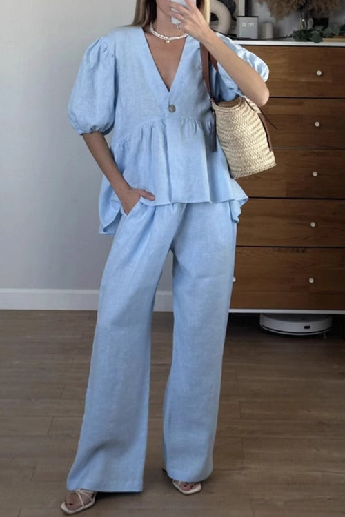 Puff Sleeve V Neck Cotton Sweet Shirt Set