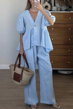 Puff Sleeve V Neck Cotton Sweet Shirt Set