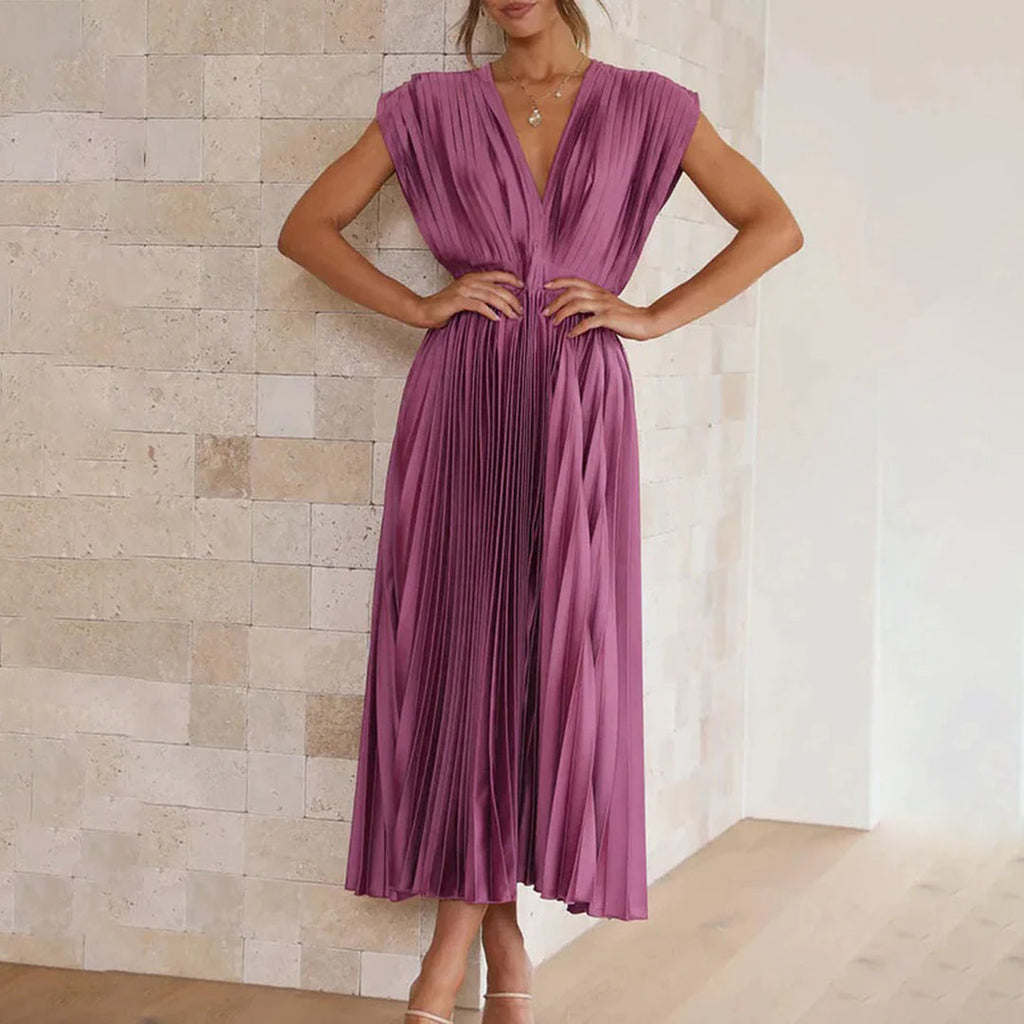 Metallic Sunray Pleated Deep V-Neck Wide Strap Midi Dress