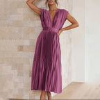 Metallic Sunray Pleated Deep V-Neck Wide Strap Midi Dress