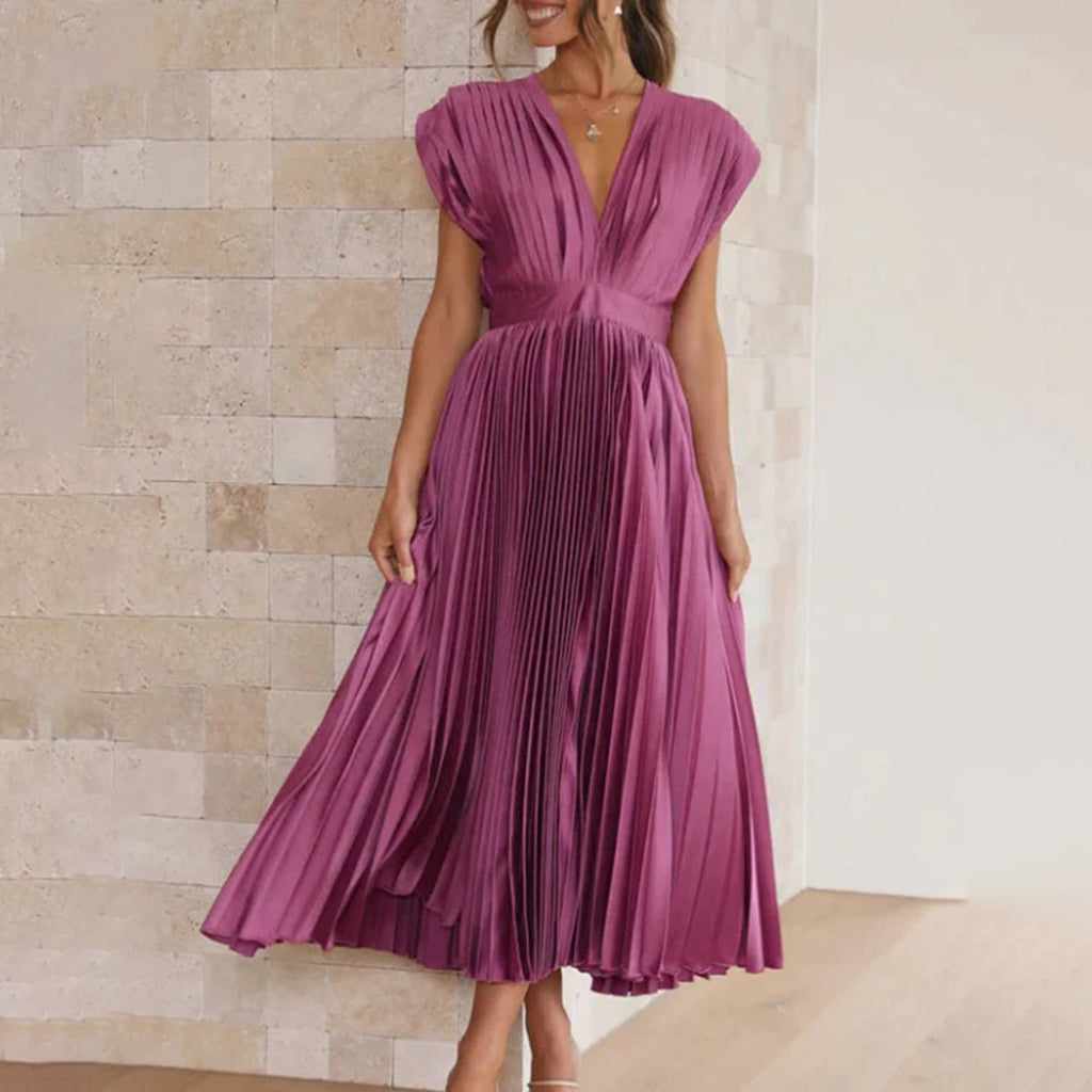 Metallic Sunray Pleated Deep V-Neck Wide Strap Midi Dress