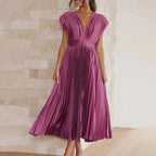 Metallic Sunray Pleated Deep V-Neck Wide Strap Midi Dress