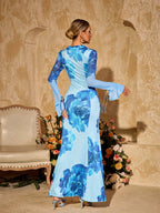 Floral Print Tie Front Mesh Bell Sleeve High Slit Maxi Dress