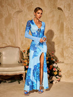 Floral Print Tie Front Mesh Bell Sleeve High Slit Maxi Dress