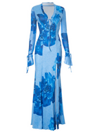 Floral Print Tie Front Mesh Bell Sleeve High Slit Maxi Dress