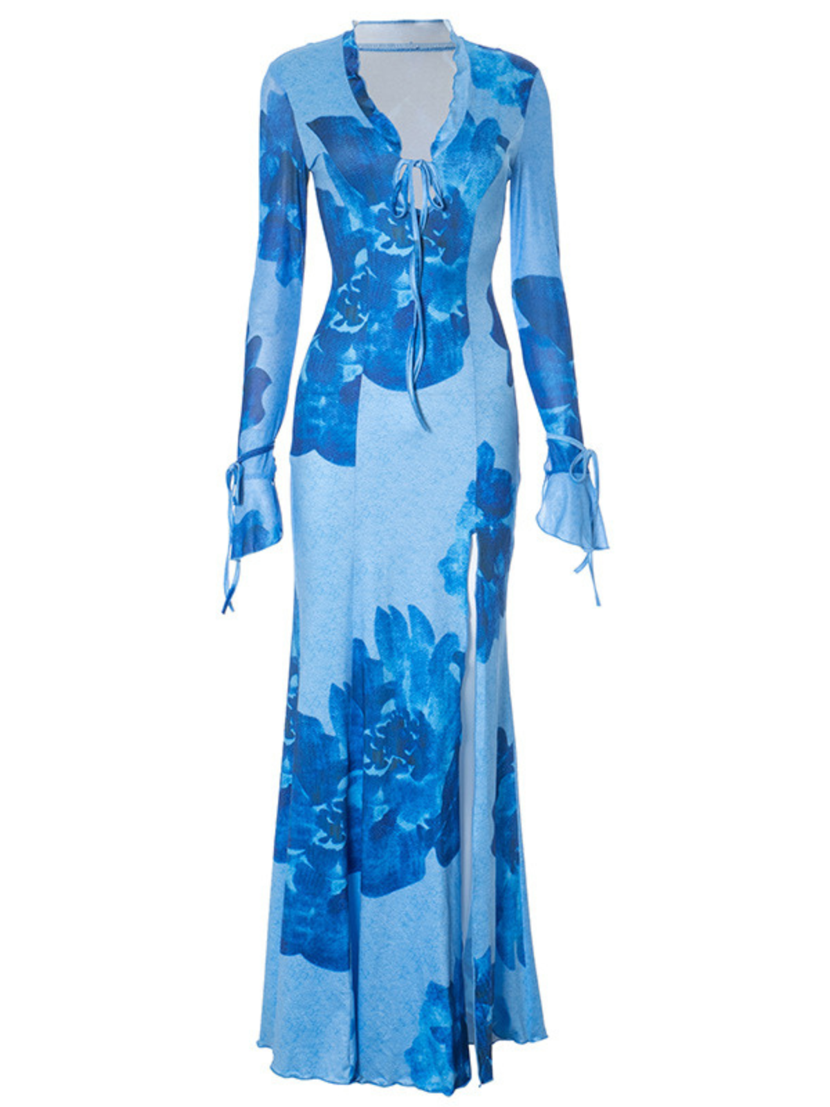 Floral Print Tie Front Mesh Bell Sleeve High Slit Maxi Dress