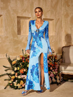 Floral Print Tie Front Mesh Bell Sleeve High Slit Maxi Dress