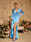 Floral Print Tie Front Mesh Bell Sleeve High Slit Maxi Dress