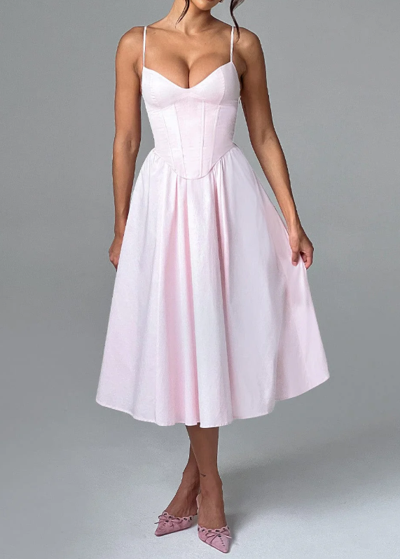 Corset Sweetheart Spaghetti Strap Pleated Flare Midi Dress
