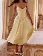 Corset Sweetheart Spaghetti Strap Pleated Flare Midi Dress